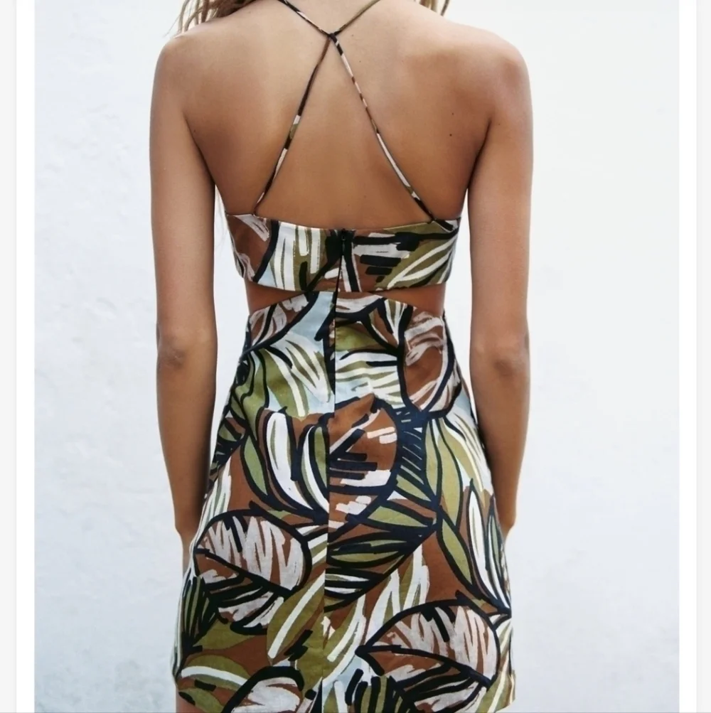 Zara Side Cutouts Spaghetti Straps Tropical Print Linen Mini Dress NWT S…